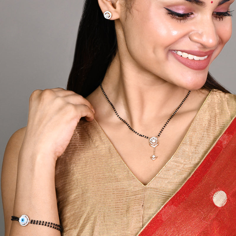 Rose Gold Droplet Pendant With Black Beads Mangalsutra