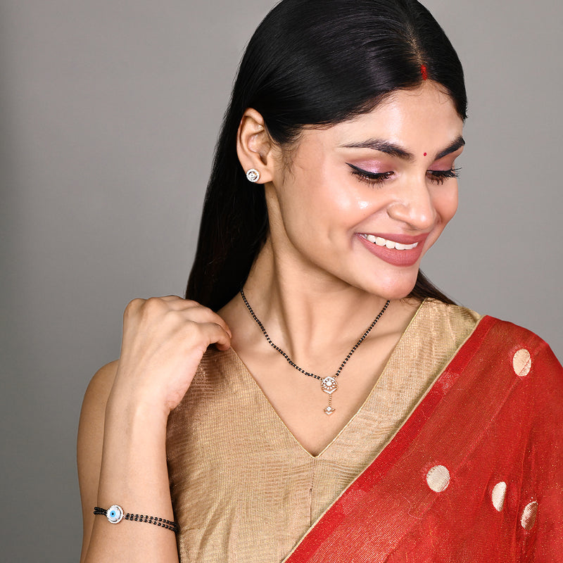 Rose Gold Droplet Pendant With Black Beads Mangalsutra