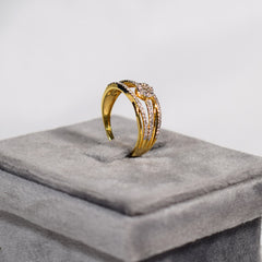 Multi band structure in yellow gold with radiant crystal cluster ring