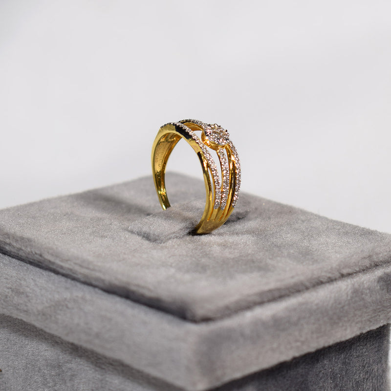 Multi band structure in yellow gold with radiant crystal cluster ring