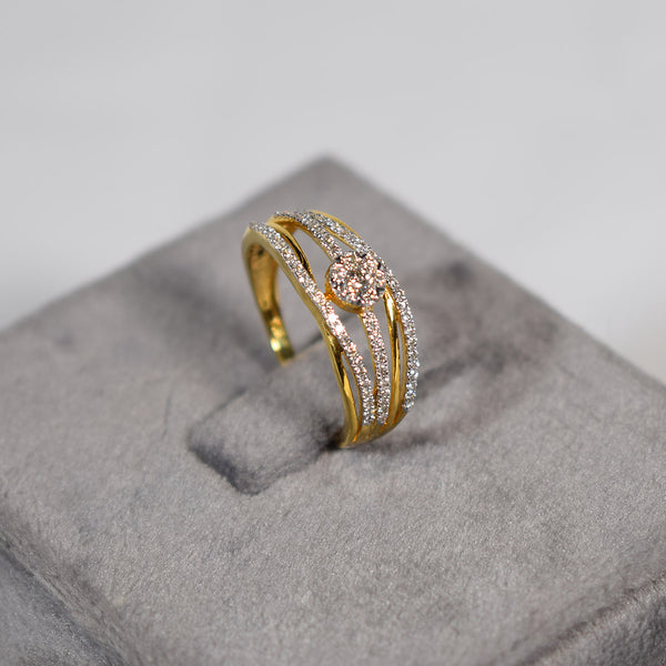 Multi band structure in yellow gold with radiant crystal cluster ring