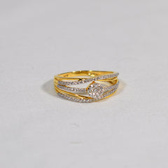 Multi band structure in yellow gold with radiant crystal cluster ring