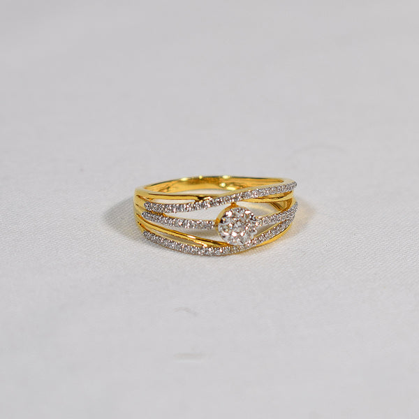 Multi band structure in yellow gold with radiant crystal cluster ring